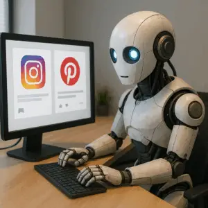Roboter am Computer mit Social-Media-Symbolen auf Bildschirm.